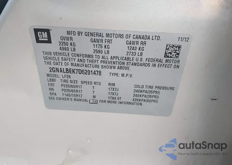 2013 Chevrolet Equinox Ls from USA, damaged, VIN 2GNALBEK7D6201478